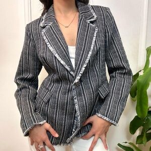 Chico’s Navy & White Fringe Trim Striped Blazer Size Medium